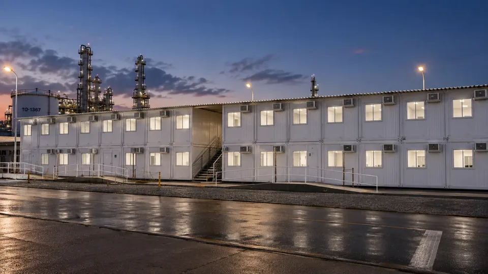 Alojamento modular de dois pavimentos iluminado dentro de planta de óleo e gás, com torres de processo ao fundo