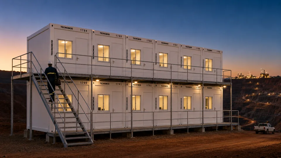 Alojamento modular Tecnomod de dois pavimentos em mina, ao entardecer, com janelas iluminadas