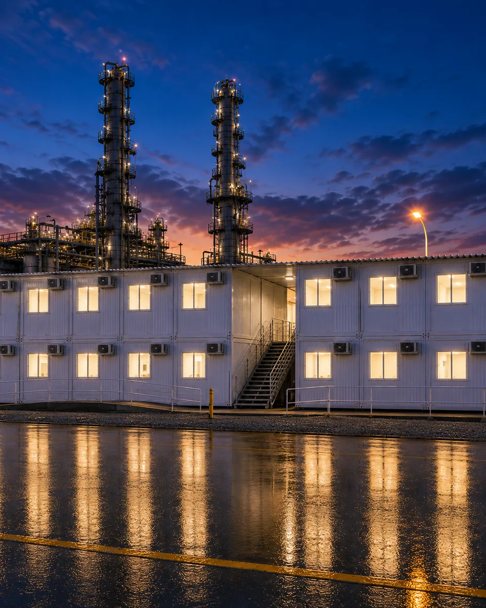 Alojamento modular Tecnomod de dois pavimentos iluminado ao anoitecer dentro de refinaria, com as torres de destilação ao fundo e a via molhada refletindo as luzes