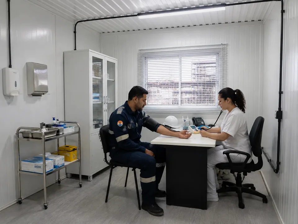 Atendimento de saúde ocupacional dentro de módulo ambulatório, com aferição de pressão em trabalhador