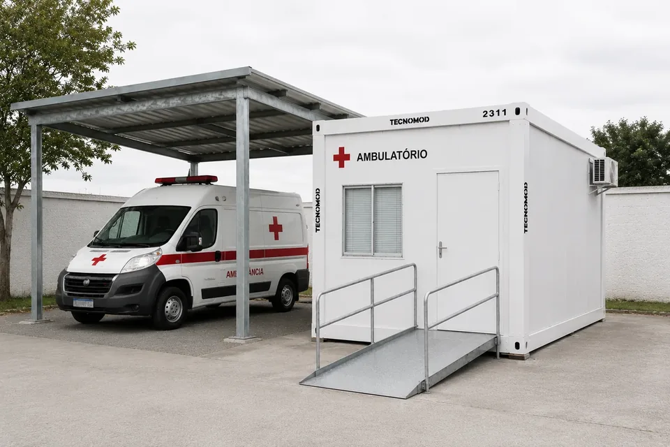 Módulo ambulatório Tecnomod com rampa de acessibilidade instalado em pátio industrial, ao lado de ambulância