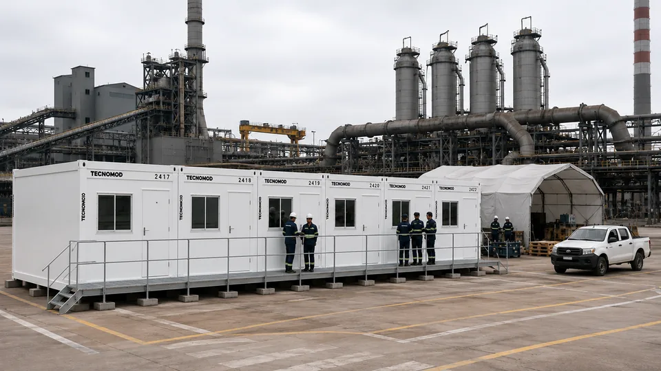 Base de apoio em módulos Tecnomod em área de laydown de usina siderúrgica