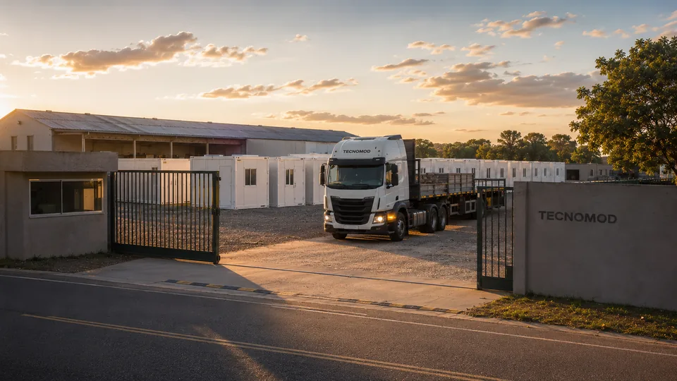 Portaria da base operacional Tecnomod, com o portão aberto, a marca no muro e uma carreta saindo para a obra