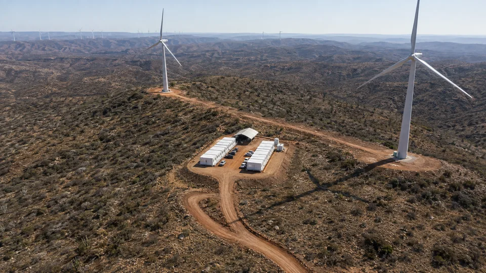 Vista aérea do canteiro modular Tecnomod dentro de parque eólico em serra do semiárido
