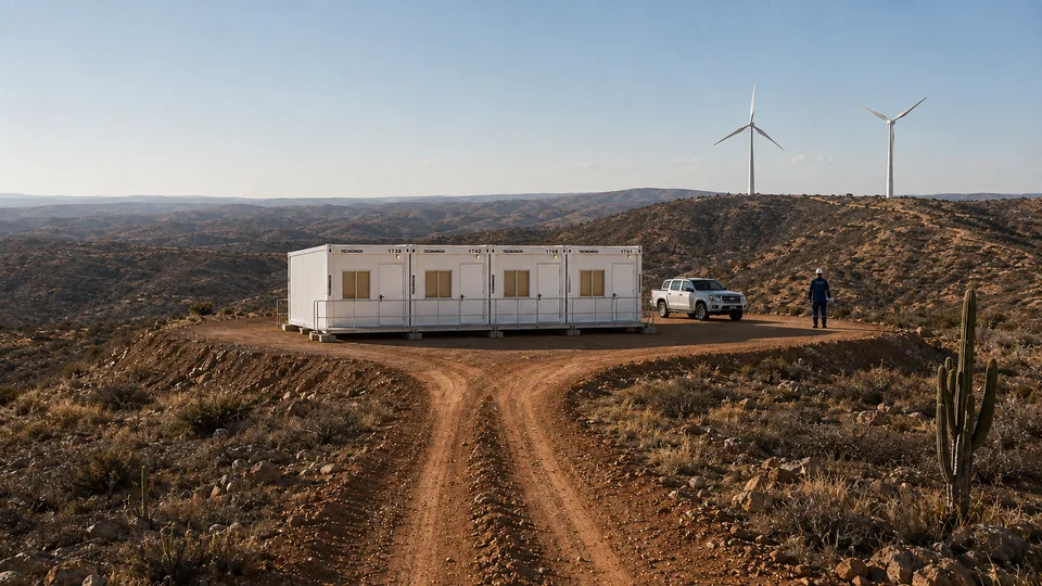 Canteiro modular Tecnomod isolado ao fim de estrada de terra, em região remota de parque eólico