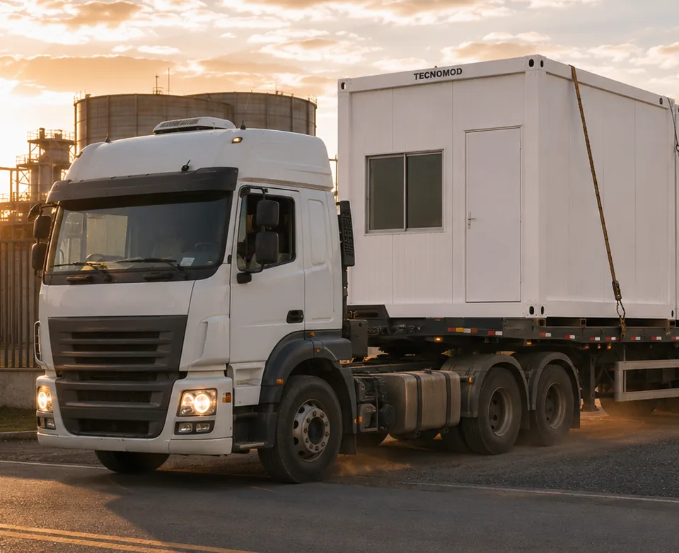 Carreta Tecnomod deixando a base com o módulo montado por completo amarrado sobre o prancha