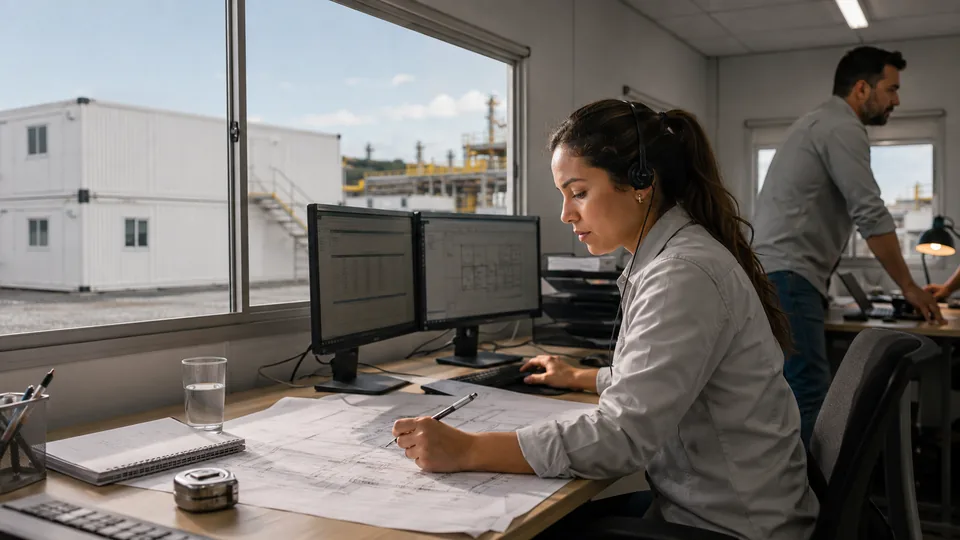 Analista do comercial Tecnomod com headset conferindo uma planta técnica em escritório modular, com o pátio de módulos visível pela janela
