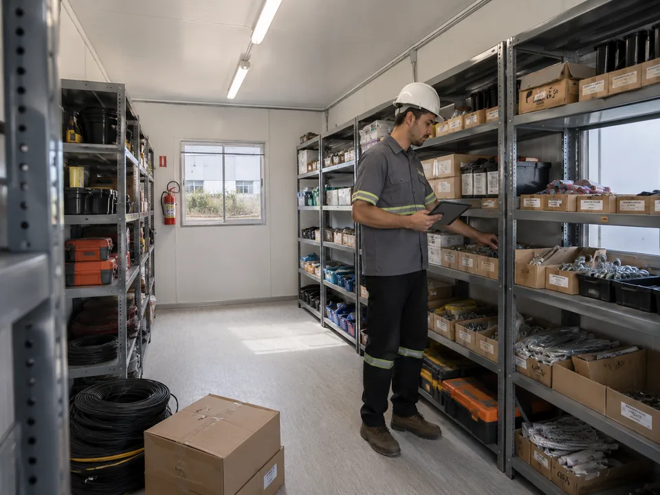Interior de container almoxarifado com prateleiras metálicas nas duas laterais, caixas identificadas e almoxarife conferindo material