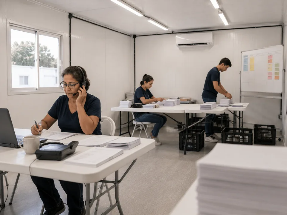Container comitê político em operação, com equipe atendendo ao telefone e organizando material em mesas dobráveis