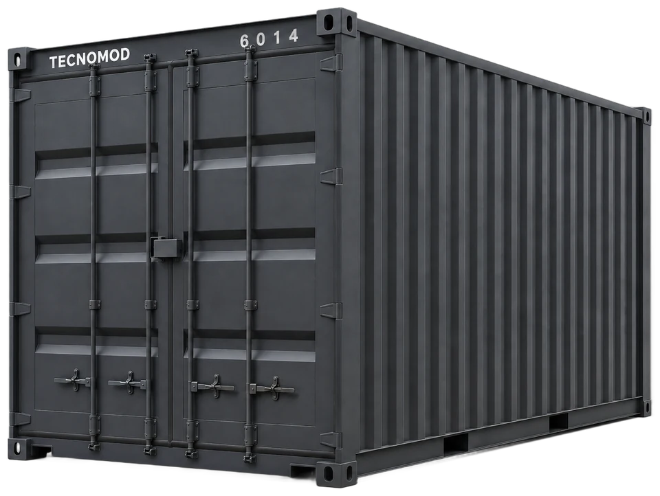 Container depósito Tecnomod de 6 metros fechado, em vista de três quartos, com porta dupla travada, blocos de canto e marca na testeira