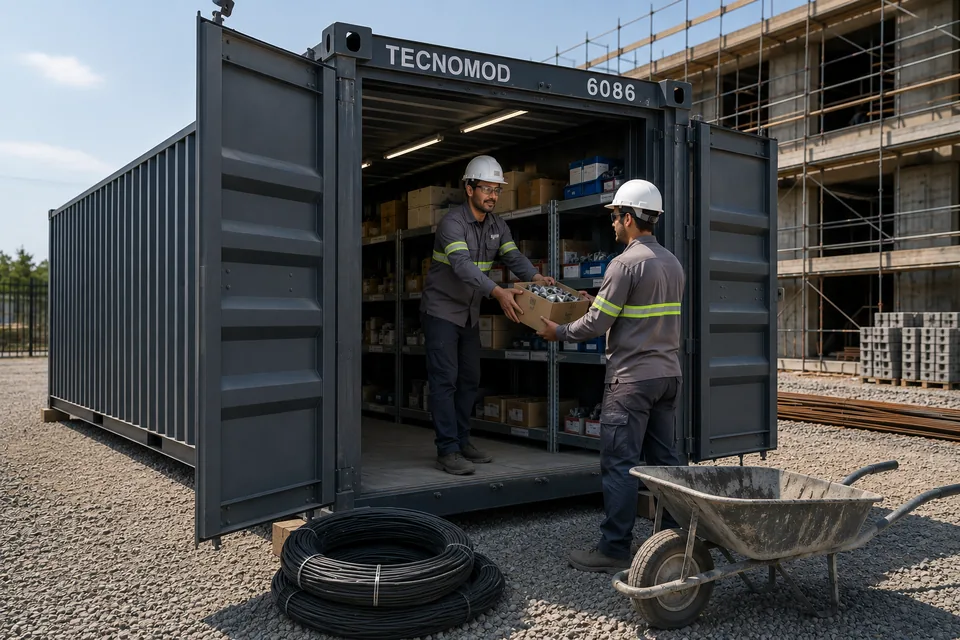 Container almoxarifado em obra, com almoxarife entregando material a um trabalhador na porta e prateleiras carregadas ao fundo