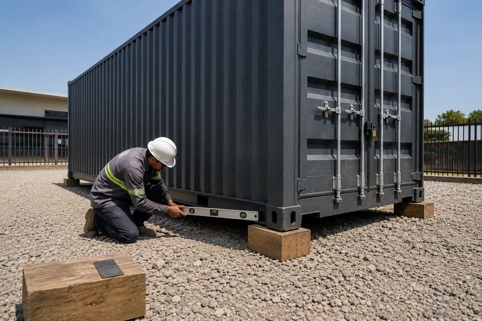 Container depósito assentado sobre calços de madeira em base de brita, com operador conferindo o nivelamento da estrutura