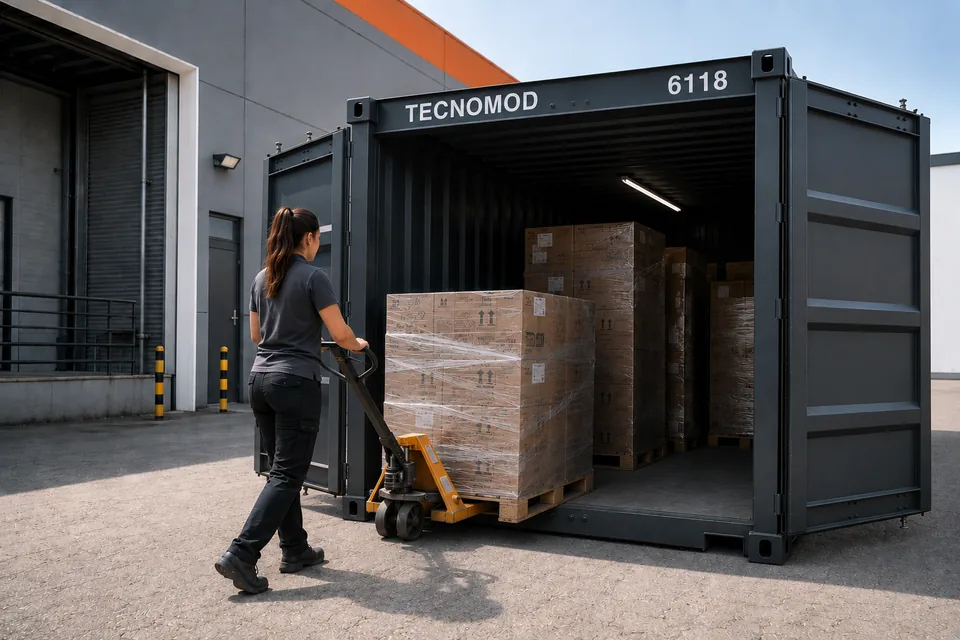 Container depósito no fundo de estabelecimento comercial, sendo carregado com pallets encapados por operadora com paleteira manual