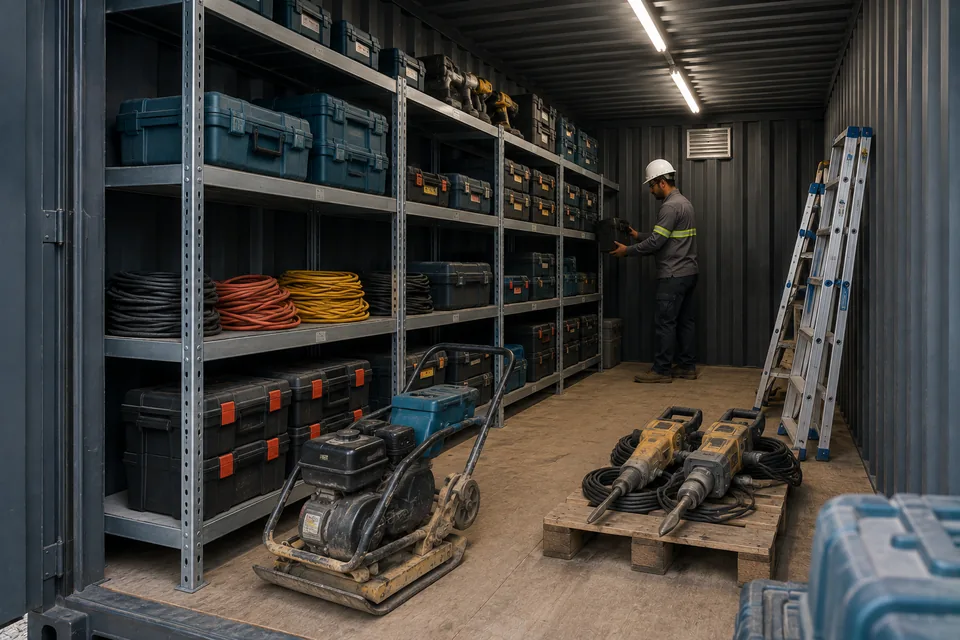 Interior de container depósito em uso como guarda de ferramental, com maletas de ferramenta, compactador de placa, rompedores e escada