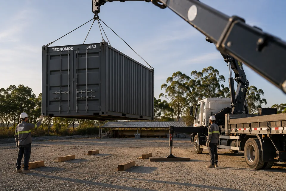 Container depósito Tecnomod içado por caminhão munck próprio, sendo posicionado sobre calços de madeira em pátio de obra