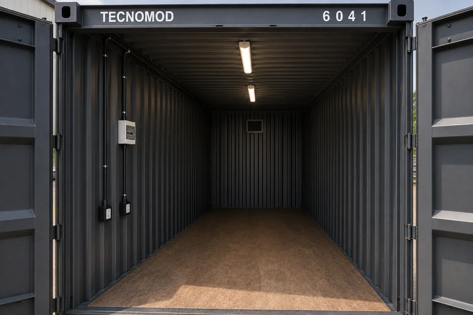 Interior de container depósito com a instalação elétrica opcional: quadro de distribuição, tomadas, luminárias LED e grelha de ventilação