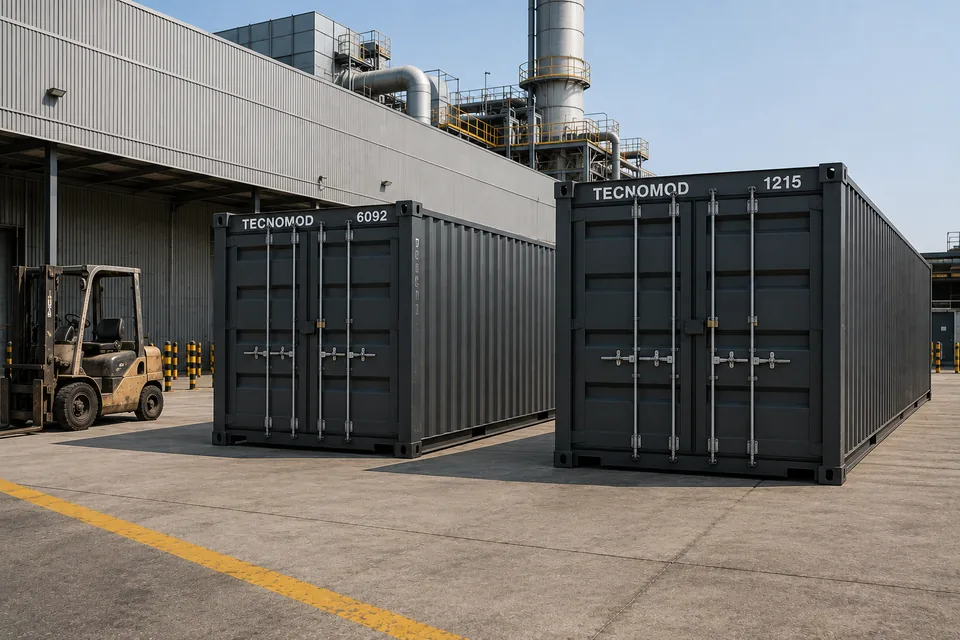 Dois containers depósito Tecnomod, de 6 e de 12 metros, instalados em pátio de planta industrial sem obra civil