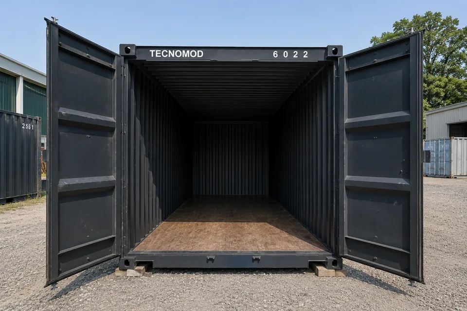 Container depósito Tecnomod com as duas portas abertas, mostrando o assoalho estrutural e o interior vazio em toda a extensão