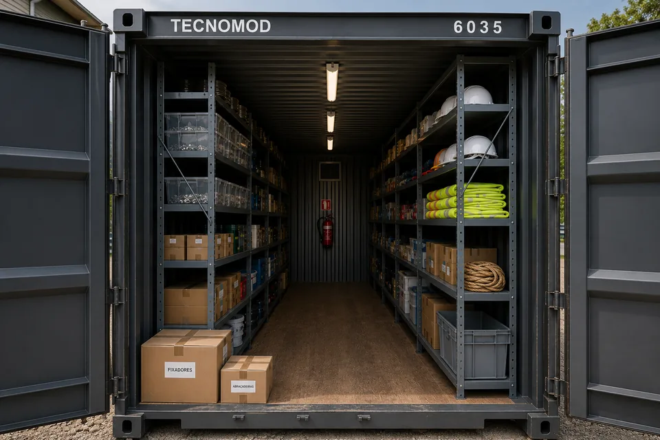 Interior de container depósito equipado como almoxarifado, com prateleiras metálicas nas duas laterais, caixas identificadas, EPI e extintor