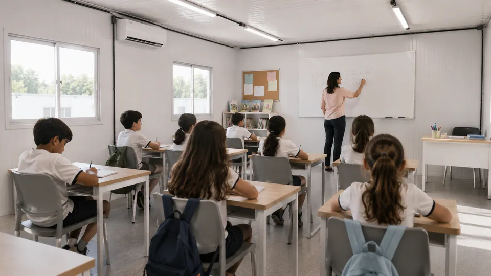 Container sala de aula em uso, com professora no quadro branco e alunos nas carteiras