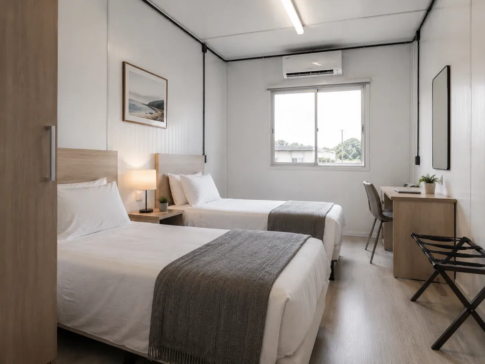Container quarto de hospedagem com duas camas de solteiro, escrivaninha, espelho e ar-condicionado