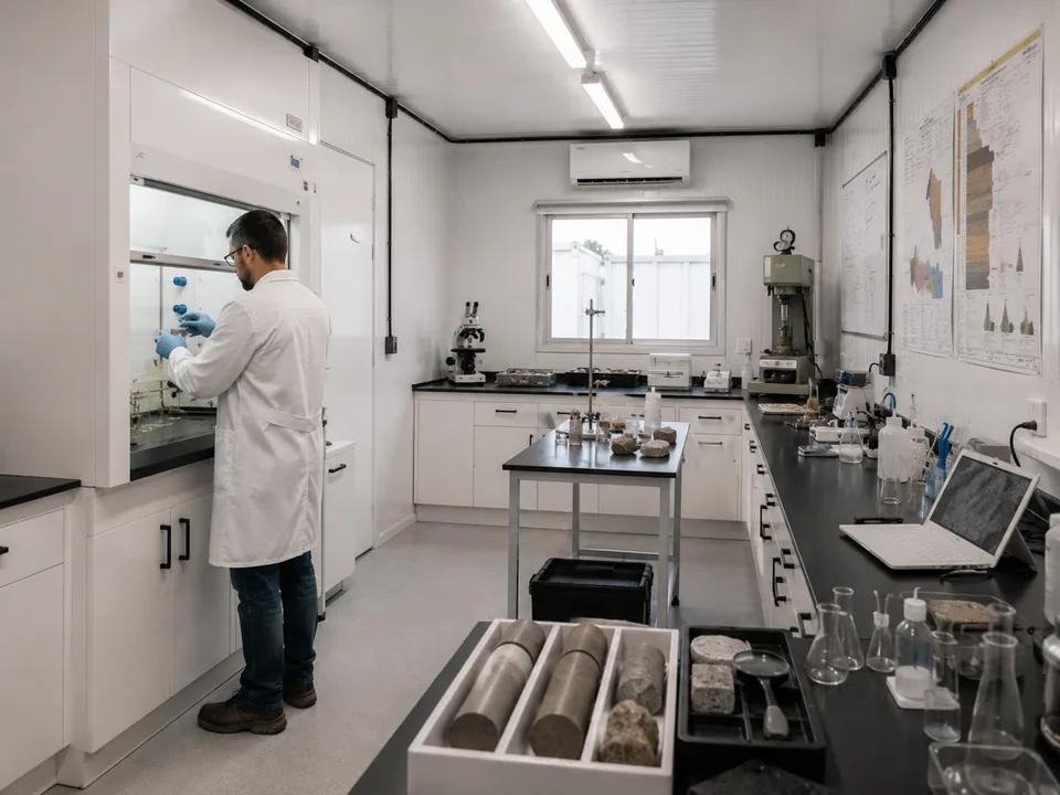 Container laboratório de campo com capela de exaustão, bancada de ensaio, prensa, corpos de prova de concreto e microscópio