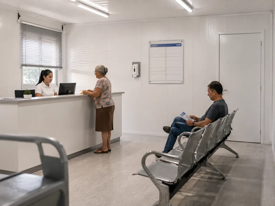 Recepção de container posto de saúde, com atendente no balcão, paciente em atendimento e sala de espera