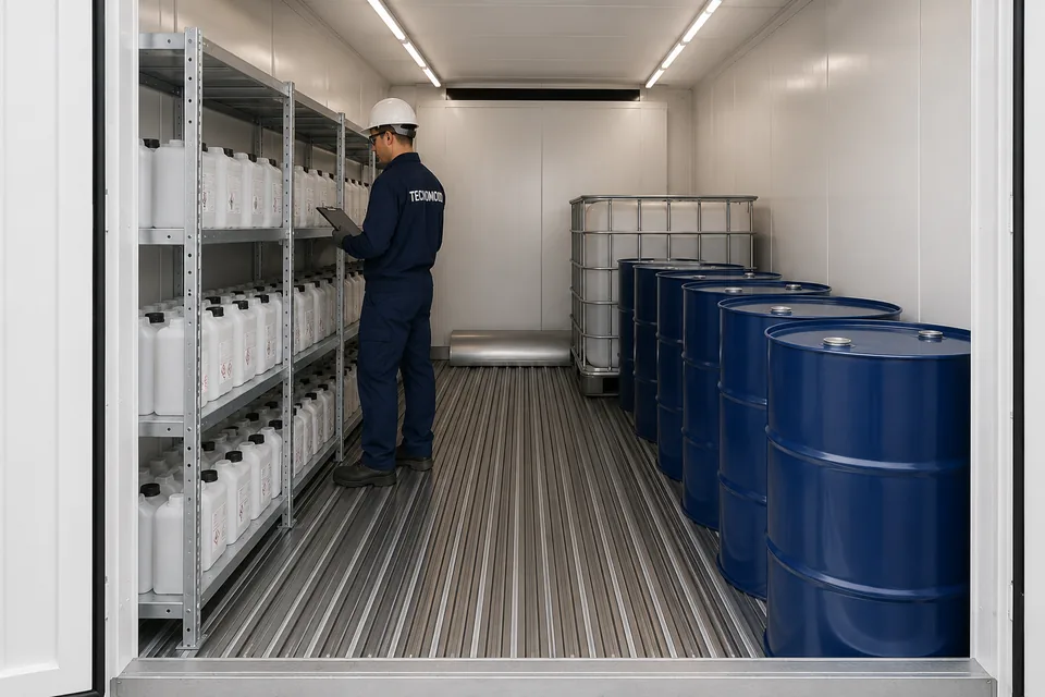 Interior do container de produto químico Tecnomod com tambores de 200 litros, IBC e bombonas em prateleira