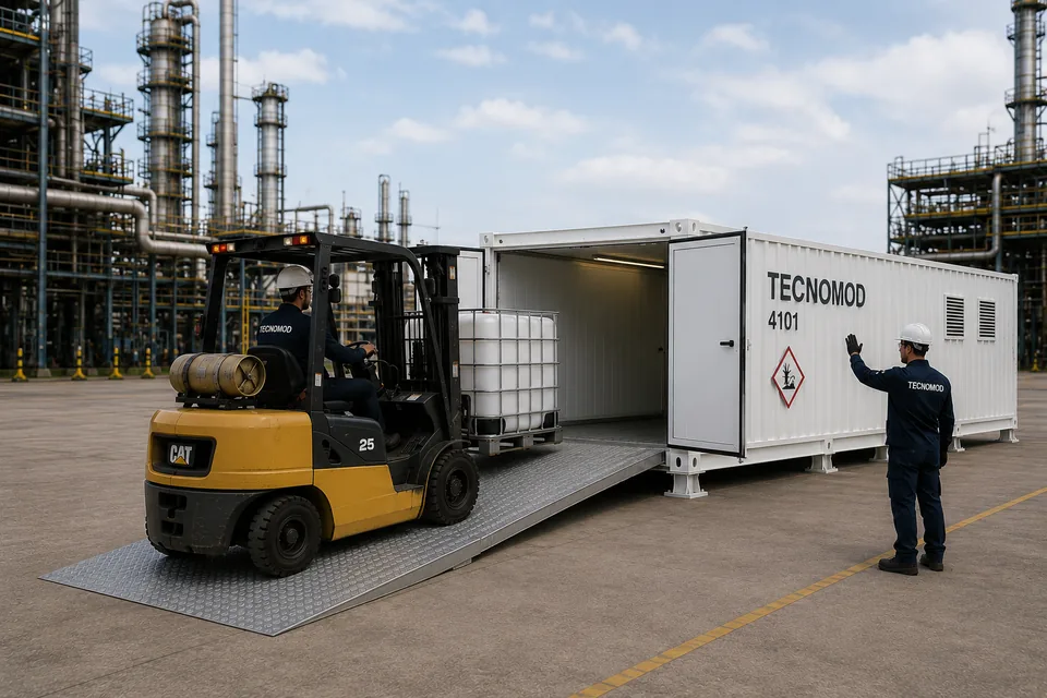 Empilhadeira subindo a rampa do container de produto químico Tecnomod com IBC de 1000 litros