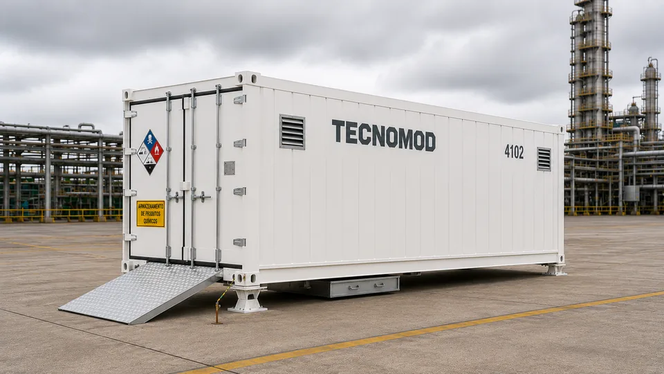 Container Tecnomod para estocagem de produto químico em pátio de refinaria, sobre pedestais com bandeja de contenção