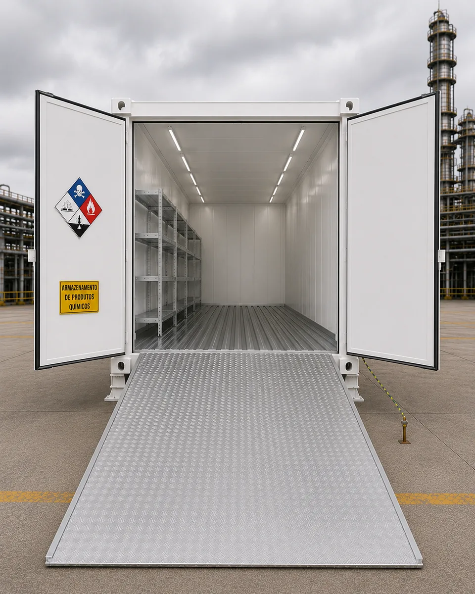 Container de produto químico Tecnomod com portas abertas, piso T-bar e rampa de acesso para empilhadeira