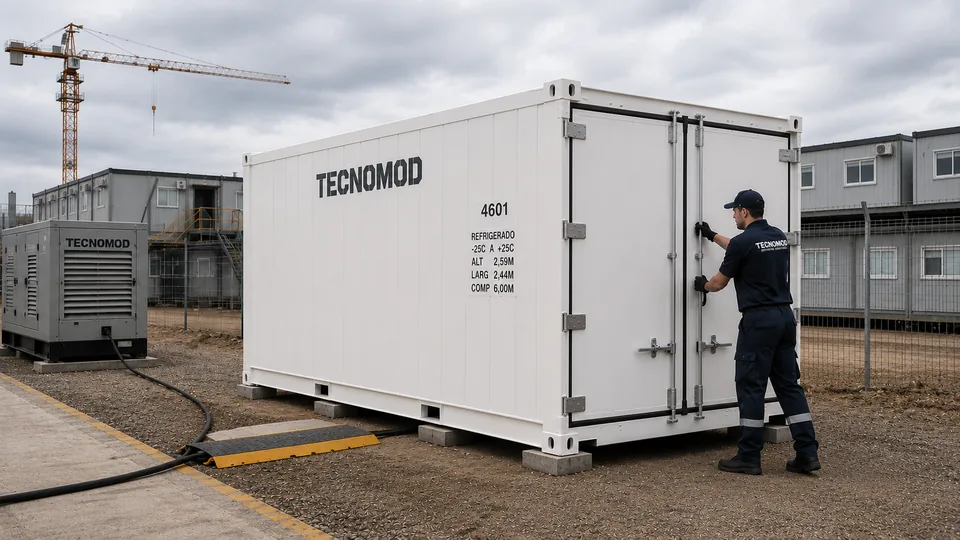 Container refrigerado Tecnomod em canteiro de obra ligado a gerador
