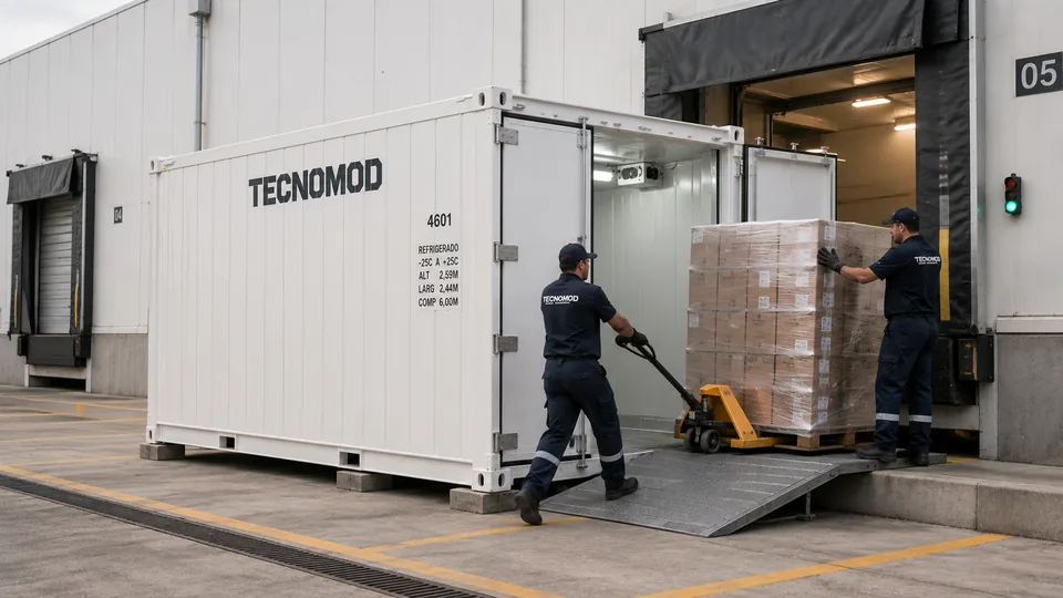 Container refrigerado Tecnomod junto à doca de expedição de indústria de alimentos