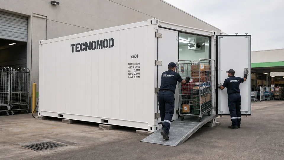 Container refrigerado Tecnomod na retaguarda de supermercado, carga em roll cage