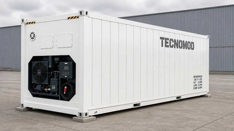 Container refrigerado Tecnomod de 6 metros em pátio industrial, câmara fria móvel