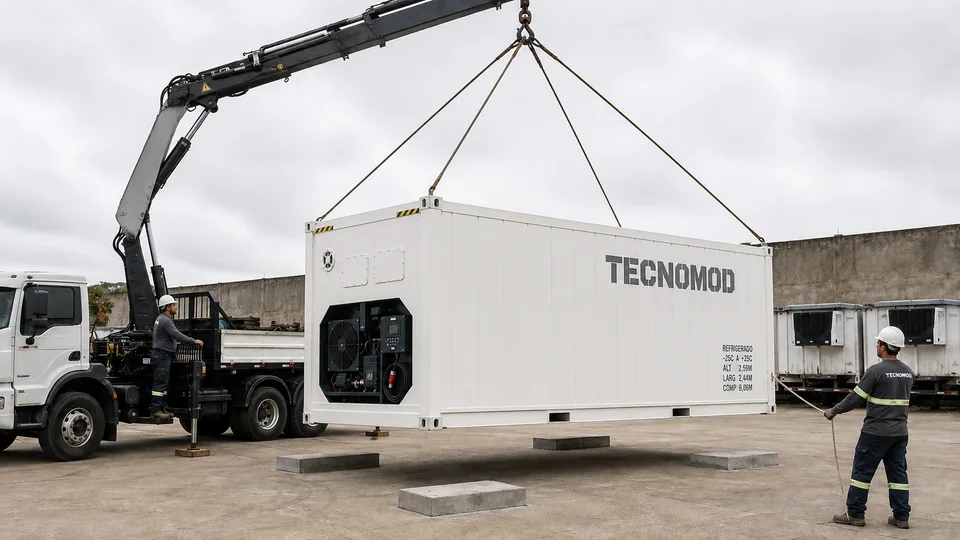 Entrega e posicionamento de container refrigerado Tecnomod com caminhão munck
