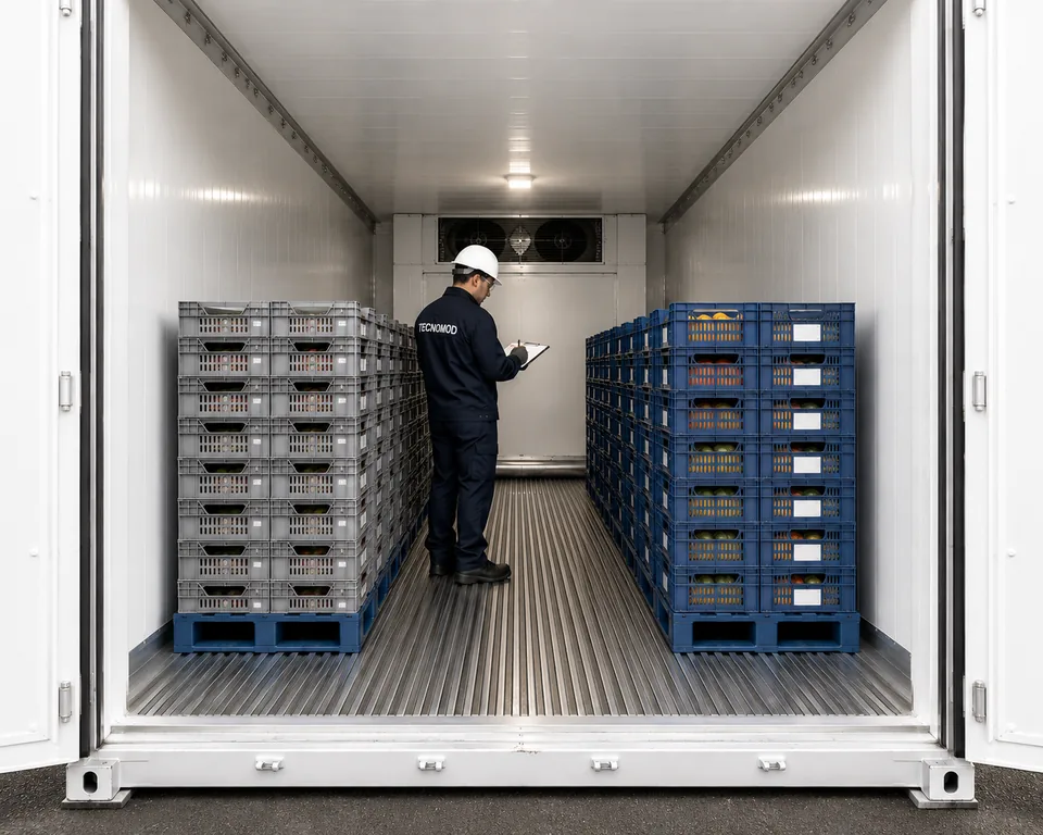 Interior do container refrigerado Tecnomod carregado com paletes de produtos resfriados