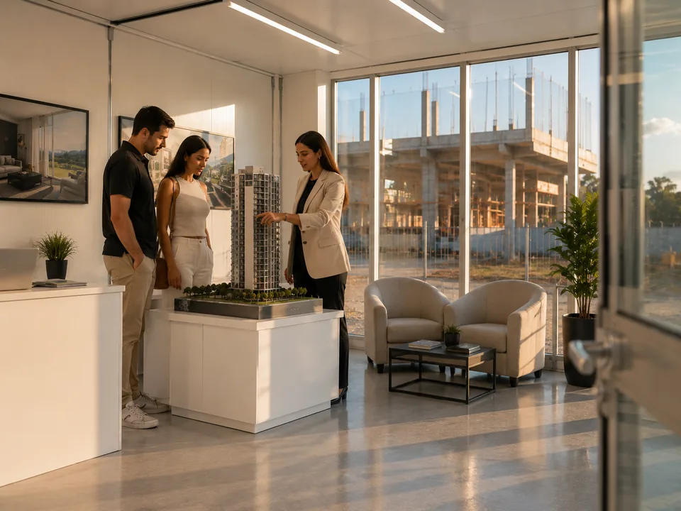 Container stand de vendas com fachada envidraçada, maquete do empreendimento e corretora atendendo um casal