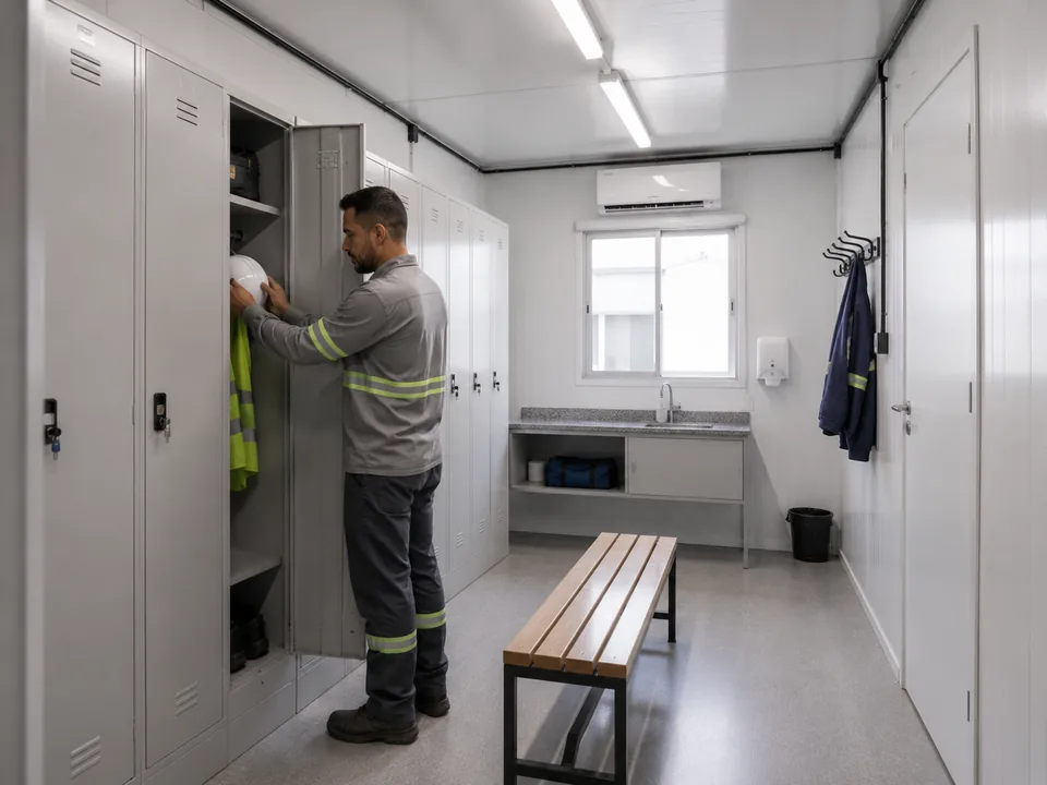 Container vestiário com fileira de armários individuais com chave, banco de madeira, bancada com pia e cabideiro de parede