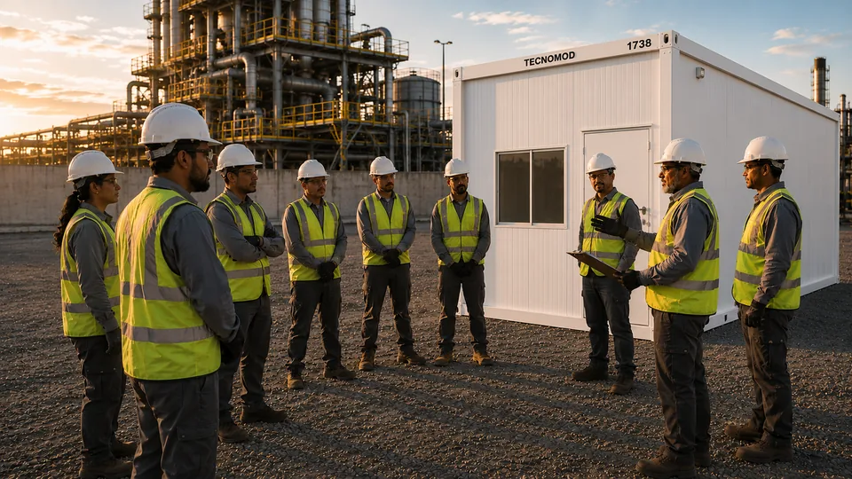 Diálogo diário de segurança com a equipe Tecnomod reunida diante do módulo de apoio, dentro de planta industrial