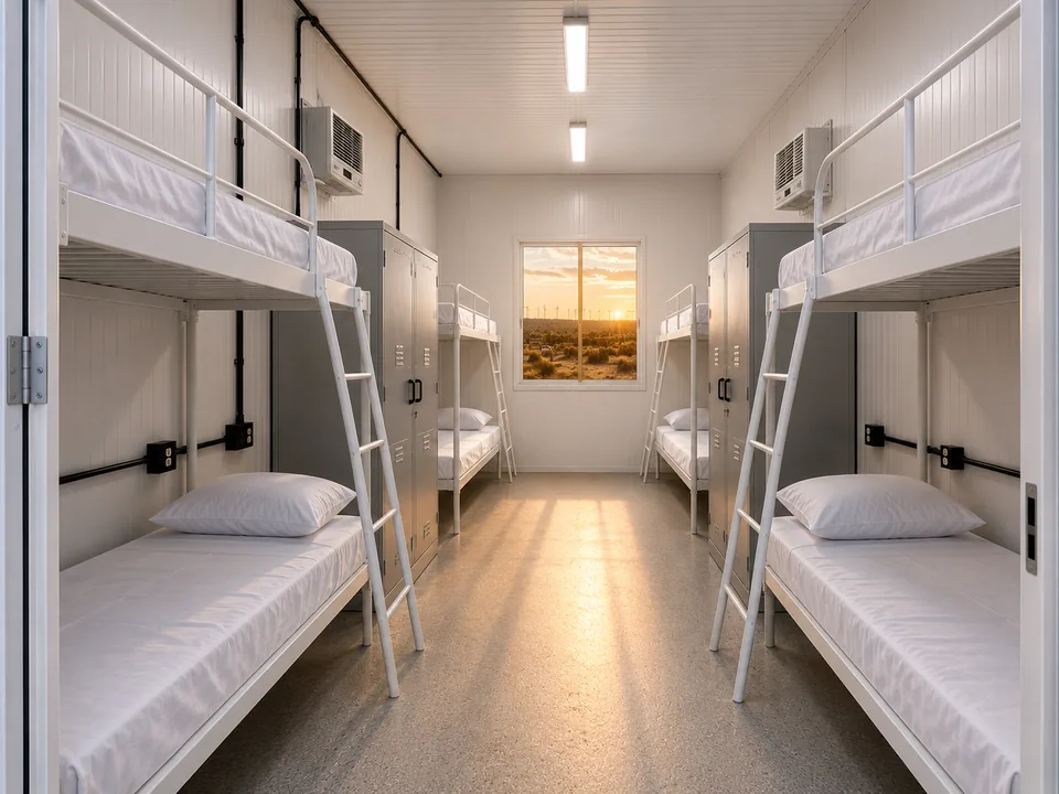 Interior de dormitório modular com quatro beliches, oito leitos, armários individuais e ar-condicionado