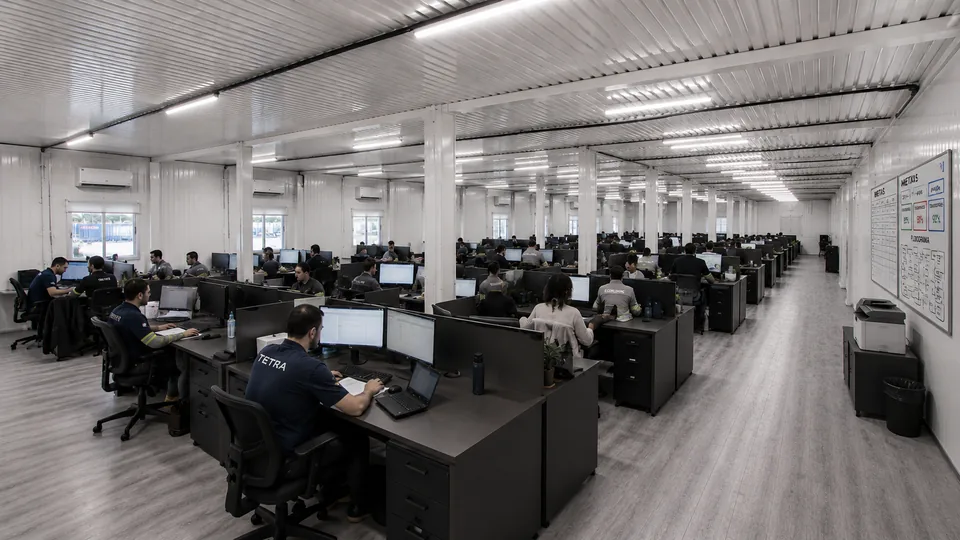 Escritório modular em operação com dezenas de estações de trabalho ocupadas sob estrutura de módulos acoplados