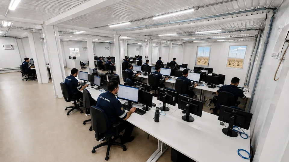 Escritório open plan em módulos Tecnomod acoplados no canteiro de parque eólico