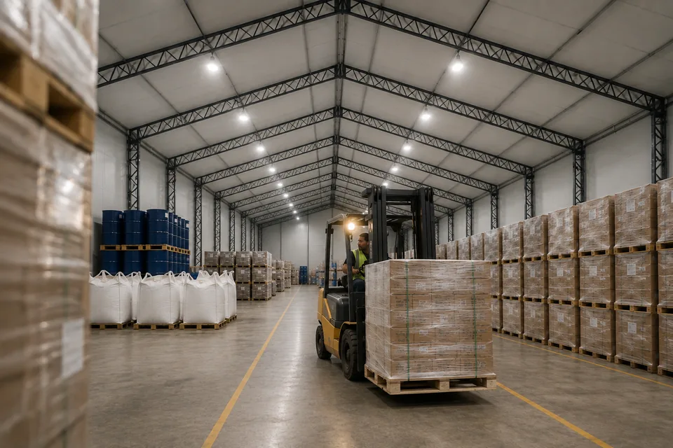Interior do galpão lonado em uso para armazenagem, com carga paletizada empilhada em blocos e empilhadeira operando no corredor