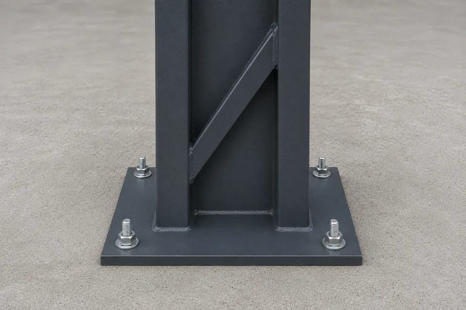 Detalhe da base da coluna do galpão lonado: placa de aço aparafusada direto na laje de concreto, sem fundação nem pedestal
