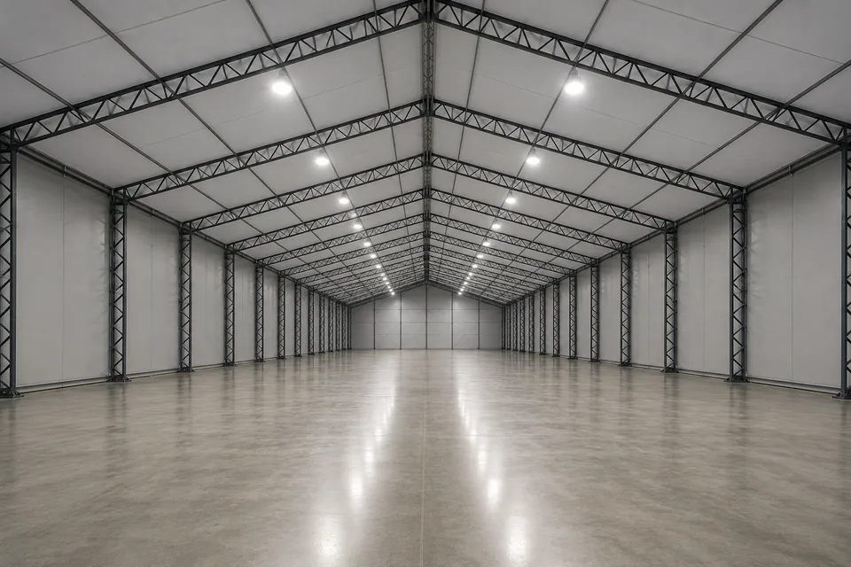 Interior do galpão lonado vazio, com vão livre sem pilar intermediário e cobertura translúcida iluminando toda a área