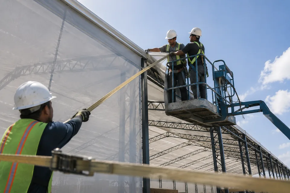 Instalação da cobertura do galpão lonado, com equipe em plataforma articulada puxando a lona sobre a estrutura