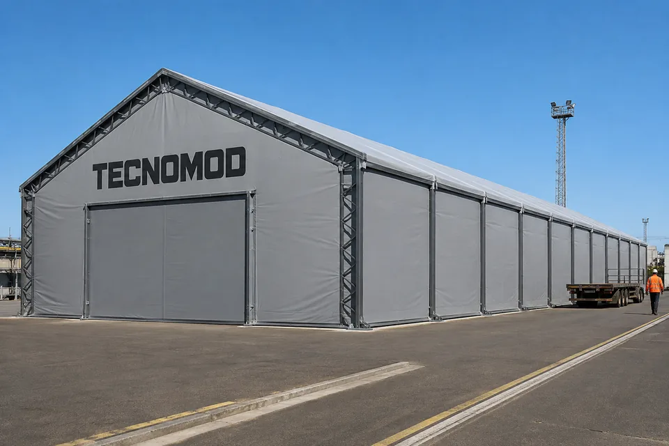 Galpão lonado Tecnomod de duas águas montado em pátio de planta industrial, com estrutura treliçada antracito e cobertura em lona cinza