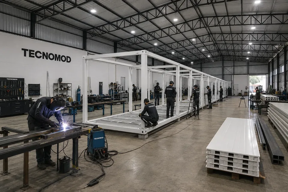 Fábrica da Tecnomod em operação: soldador executando perfil metálico e equipe montando a estrutura de um módulo
