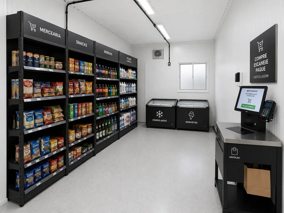 Interior de minimercado modular com gôndolas, freezers e totem de autoatendimento